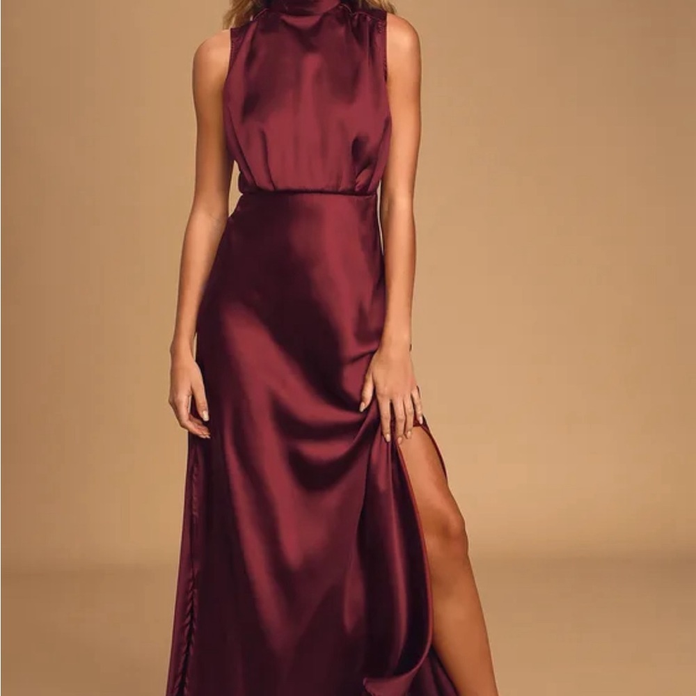 Wine Satin Sleeveless Mock Neck Maxi Dress